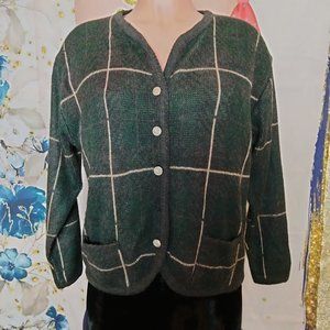Tally Ho Vintage Plaid Gray & Tan Check Button down Sweater size M